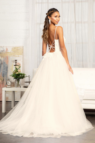 Embroidery & 3D Floral Applique Embellished V-Neck Mesh Wedding Dress-1