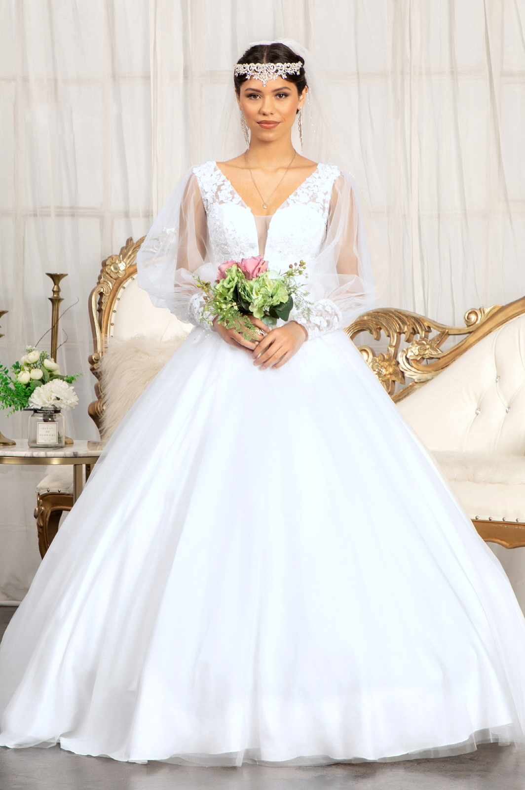 Beads Embellished Long Sleeves Wedding Gown w/ Sheer Back Button Closure-2