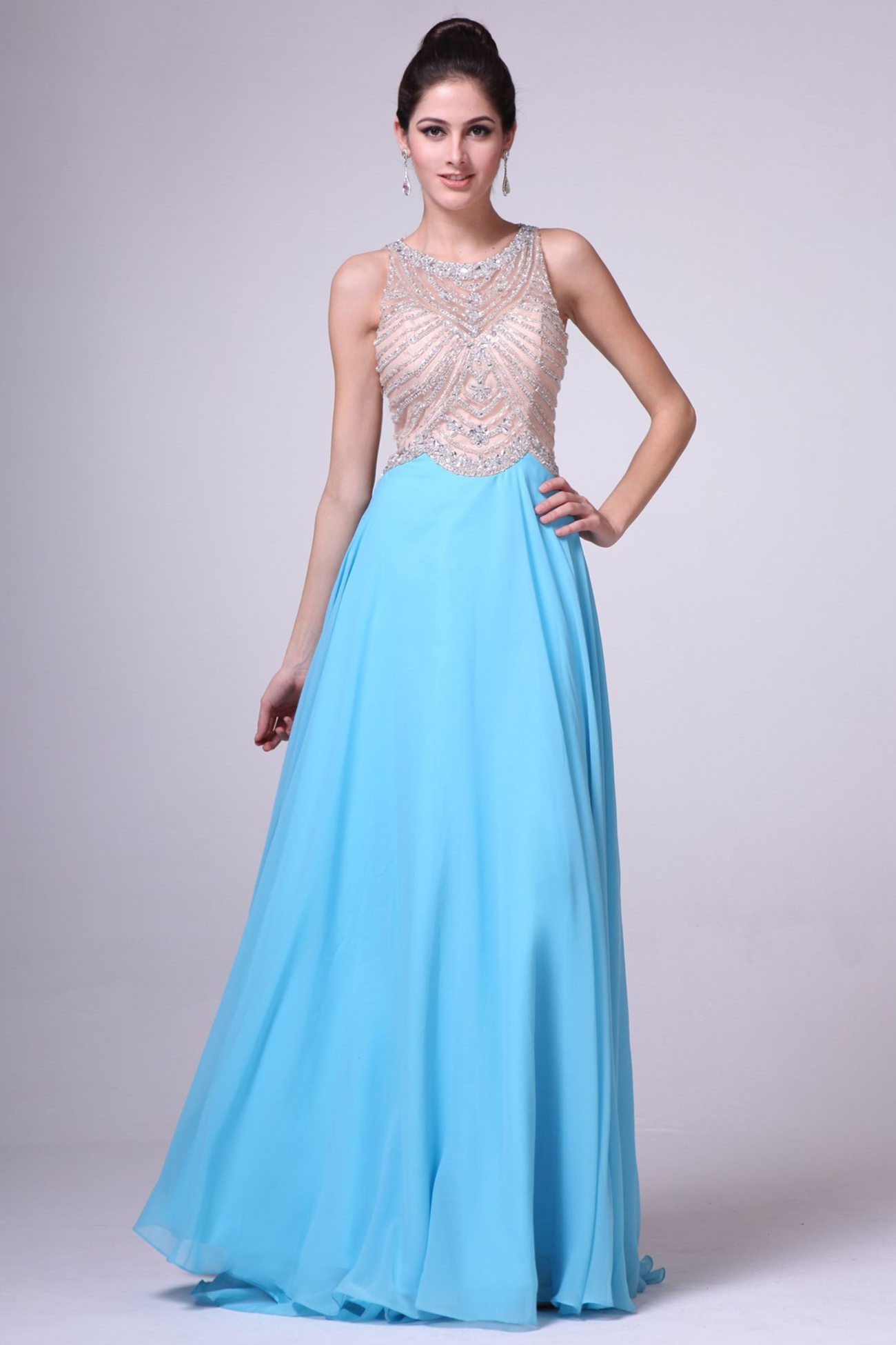 Long A-Line Skirt with Illusion Jewel Neckline-1