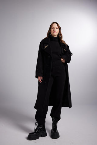 Accessorized Wool Blended Cashmere Maxi Woody Black Coat-0