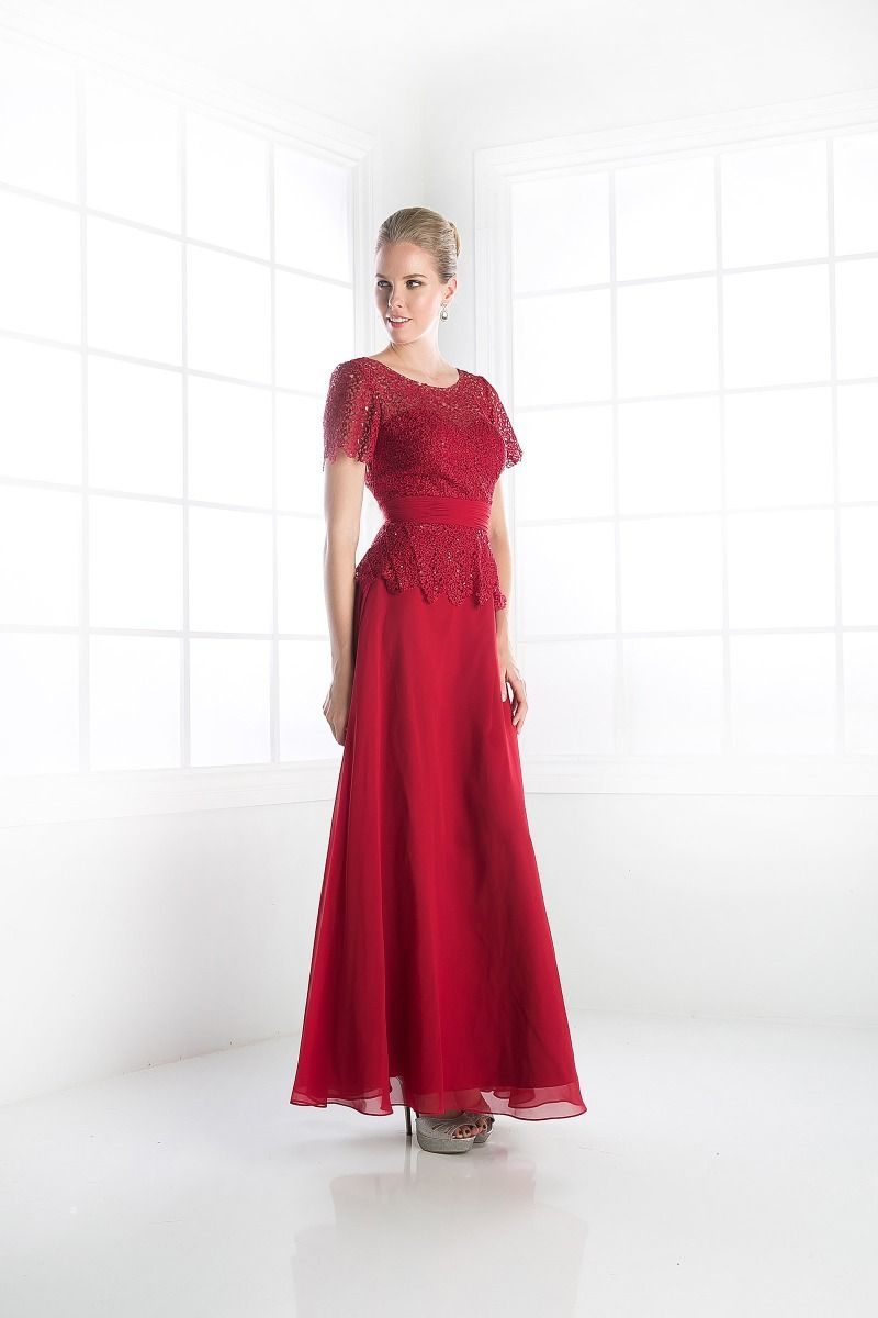 Long Dress with Illusion Bateau Neckline and Short Sleeves-5