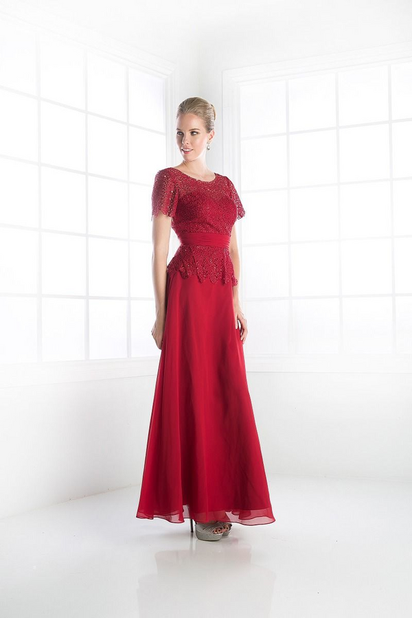 Long Dress with Illusion Bateau Neckline and Short Sleeves-5