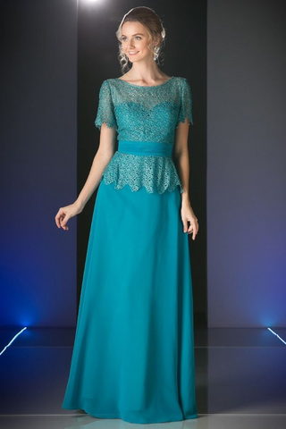 Long Dress with Illusion Bateau Neckline and Short Sleeves-0