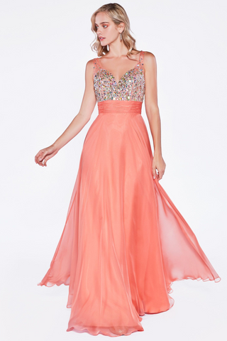 A-Line Dress with Chiffon Skirt and Beade V-Neckline Bodice-0