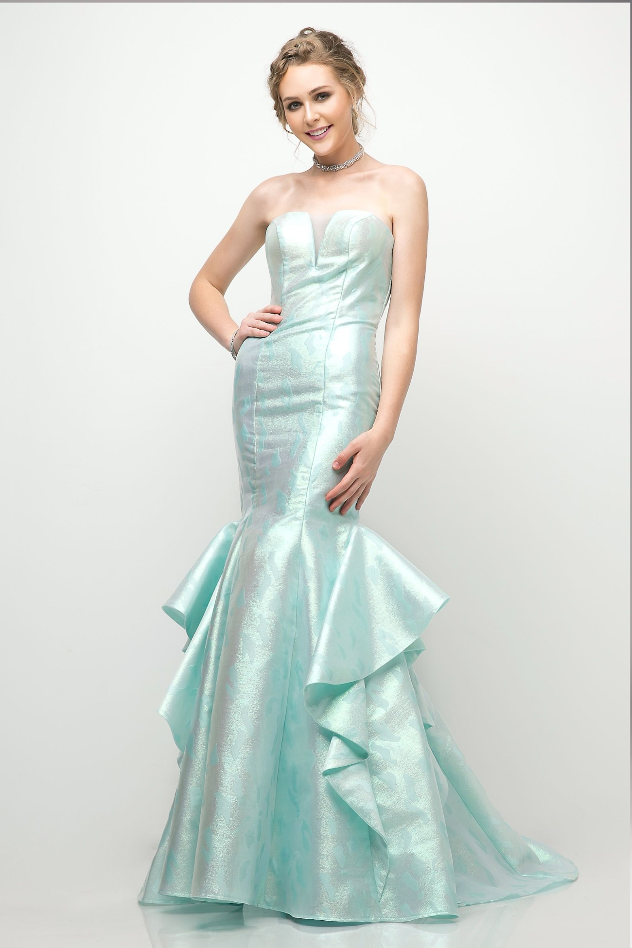 Strapless Jacquard Layered Mermaid Gown With V-Neckline and Train-2