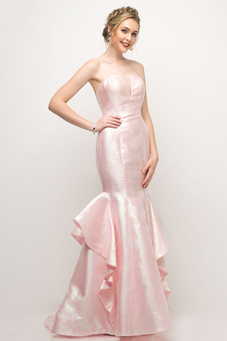 Strapless Jacquard Layered Mermaid Gown With V-Neckline and Train-0