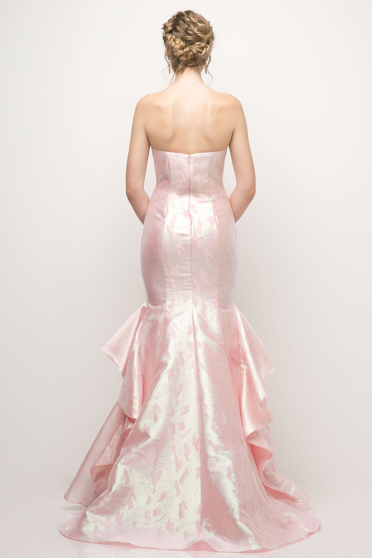 Strapless Jacquard Layered Mermaid Gown With V-Neckline and Train-1