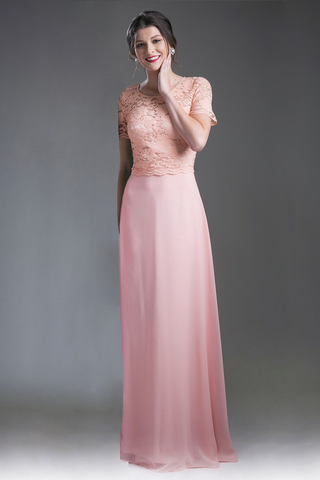 Long  Chiffon Dress with Short Sleeves-0