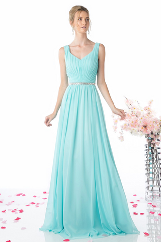 A-Line Chiffon Gown With V-Neckline and Beaded Belt-0