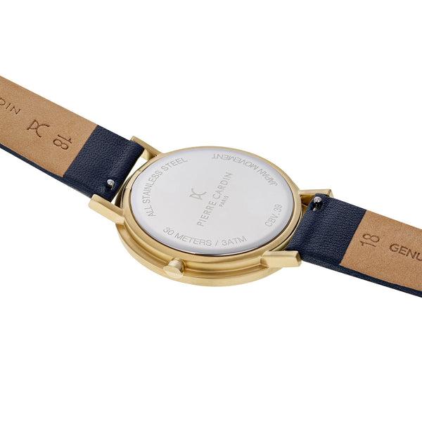 PIERRE CARDIN Women's Watch with Gold Stainless Steel Case and Dark Blue Leather Band-2