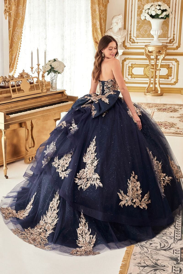 Strapless Layered Ball Gown With Bow Detail-4