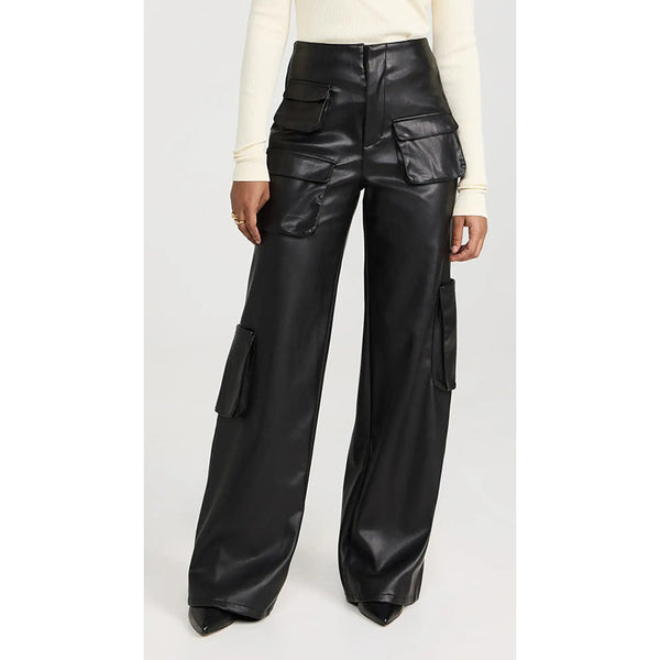 Layla Women's Real Leather Wide Leg Pants Black-1