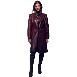 Kasper Women's Genuine Leather Long Coat Burgundy-0