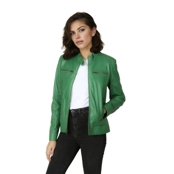 Olivia Women's Real Leather Biker Jacket Green-0