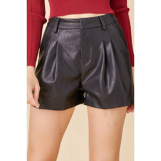 Poppy Women's Real Leather Pleated Detail Shorts Black-0