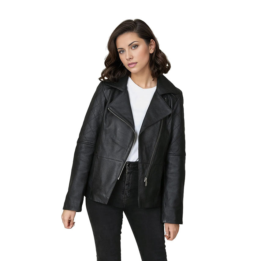 Freya Women's Real Leather Cross Zip Biker Jacket Black-0