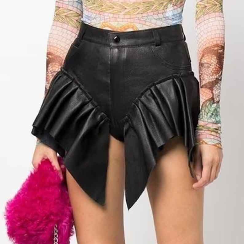 Luna Women's Real Leather Ruffled Style Frilled Shorts Black-0