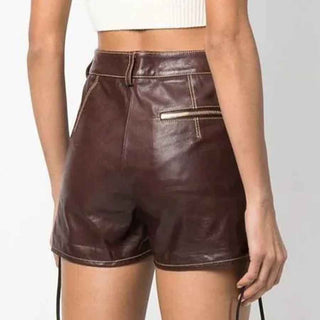 Maya Women's Genuine Leather High Waisted Shorts Brown-1