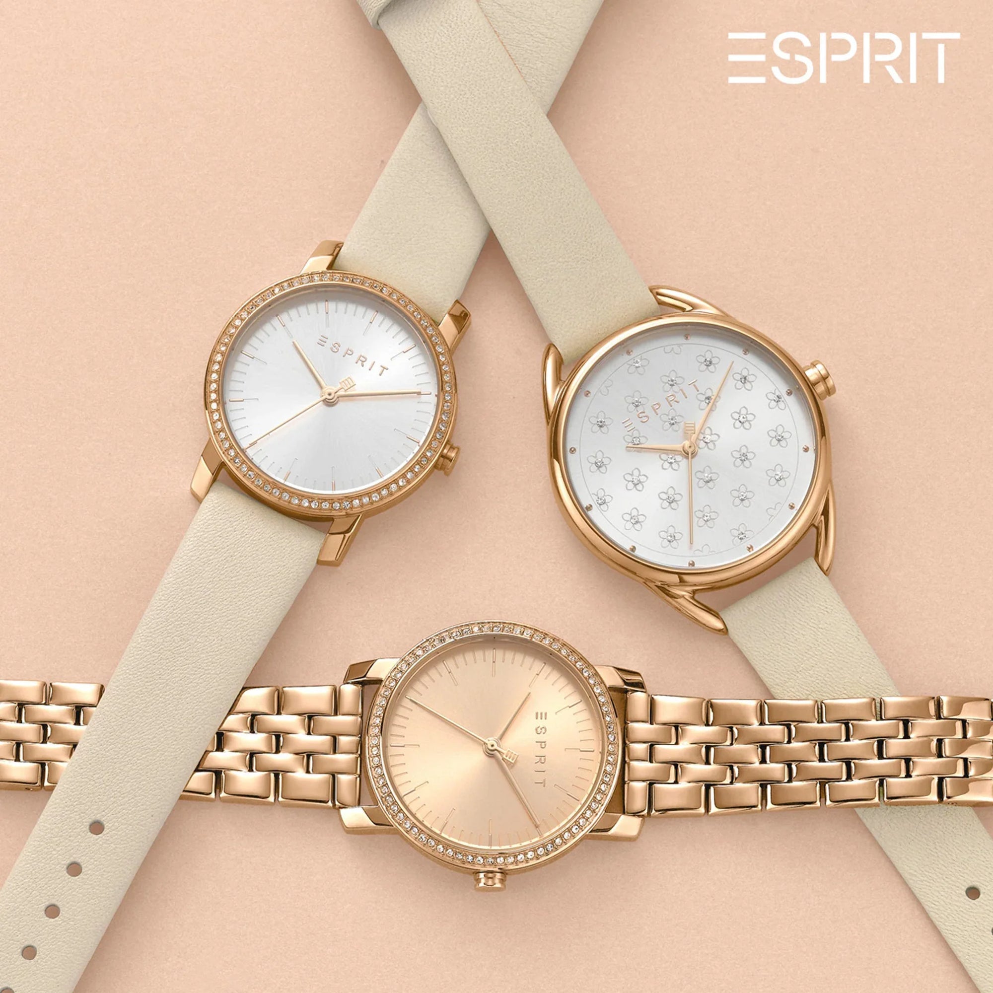 ESPRIT Women's Watch with Rose Gold Stainless Steel Case and Beige Leather Band-3