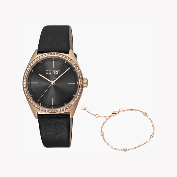 ESPRIT Women's Watch with Rose Gold Stainless Steel Case and Black Leather Band-0