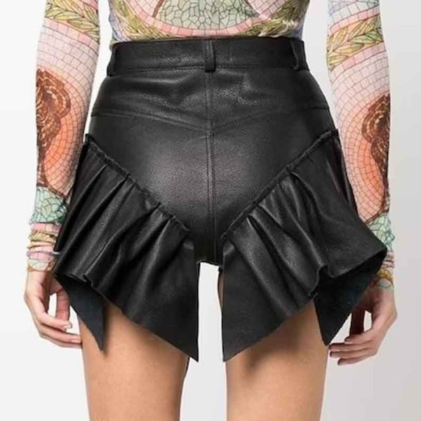 Luna Women's Real Leather Ruffled Style Frilled Shorts Black-1