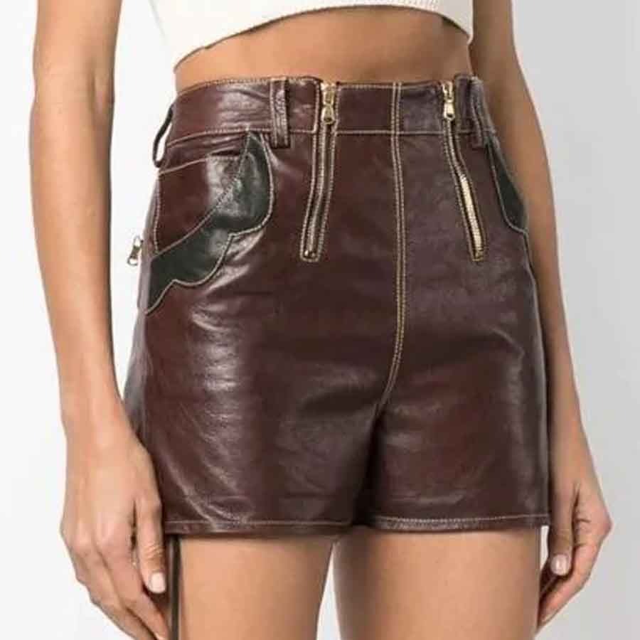 Maya Women's Genuine Leather High Waisted Shorts Brown-0