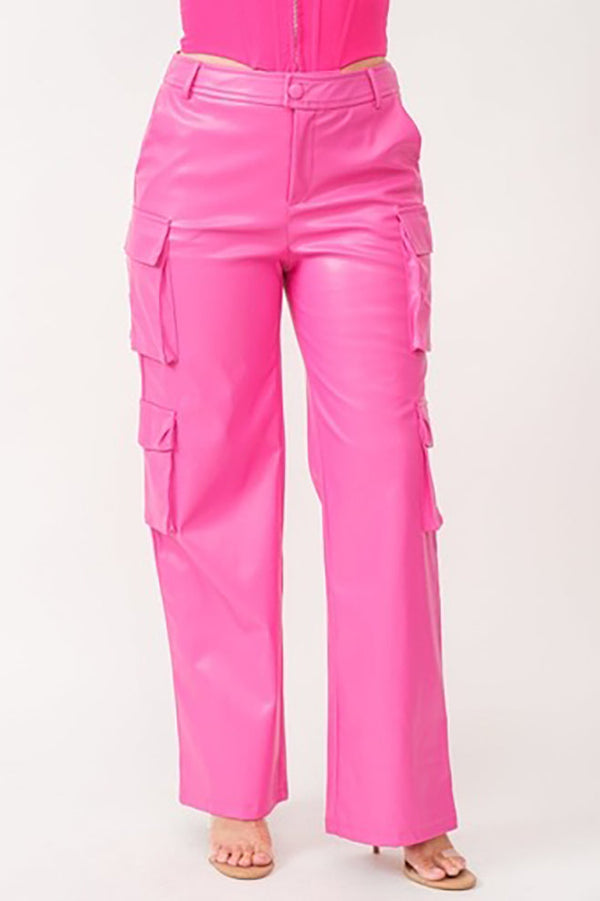 Molly Women's Genuine Leather Straight Leg Cargo Pants Pink-4