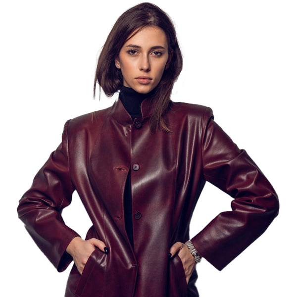 Kasper Women's Genuine Leather Long Coat Burgundy-1