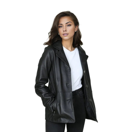 Lily Women's Genuine Leather Three Button Blazer Black-0