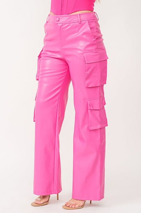 Molly Women's Genuine Leather Straight Leg Cargo Pants Pink-3