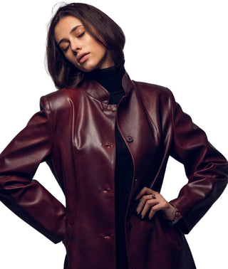 Kasper Women's Genuine Leather Long Coat Burgundy-2