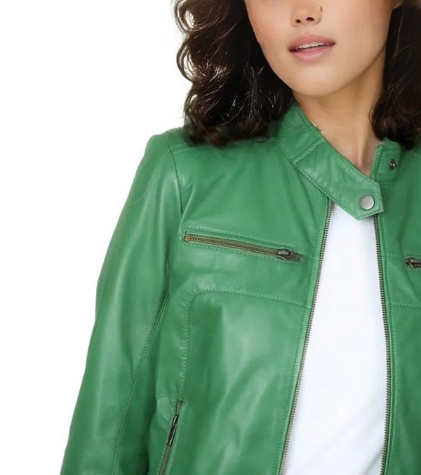 Olivia Women's Real Leather Biker Jacket Green-2