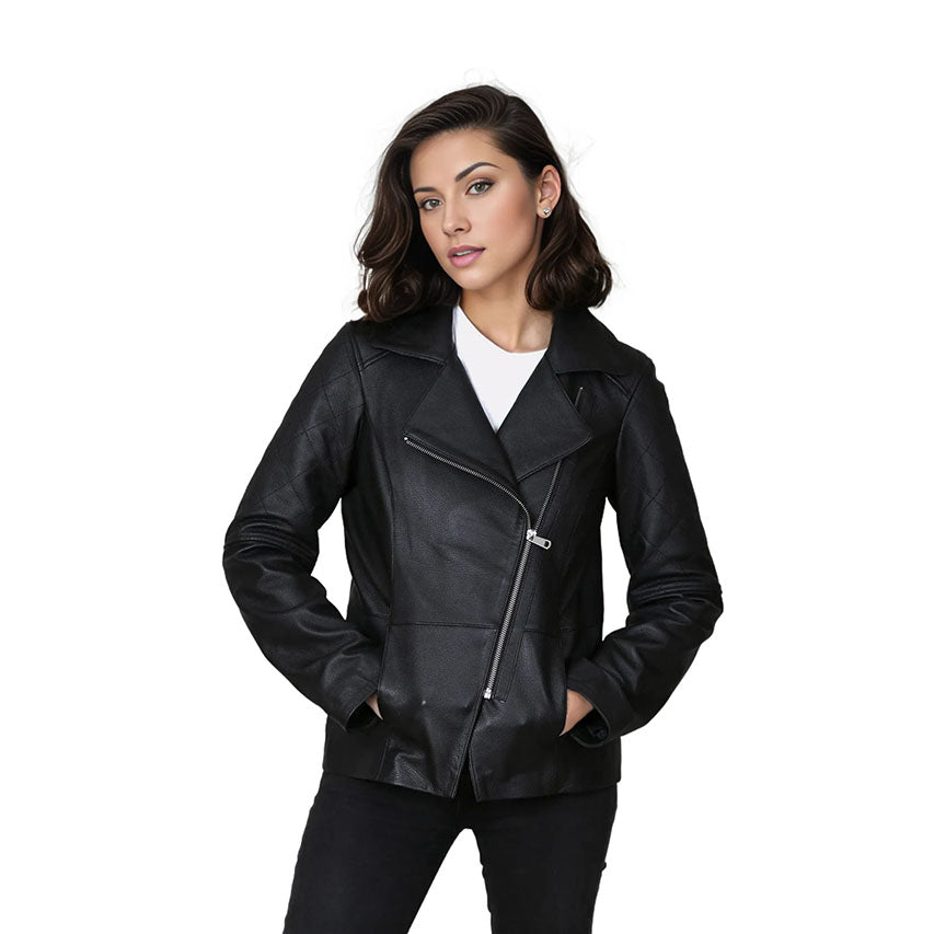 Freya Women's Real Leather Cross Zip Biker Jacket Black-3