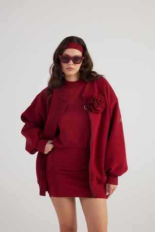 Alexa Burgundy Oversize Bomber Jacket with Removable Rose Accessory-3