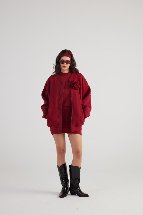 Alexa Burgundy Oversize Bomber Jacket with Removable Rose Accessory-4