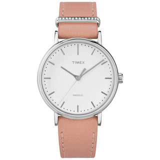 TIMEX Women's Watch with Silver Brass Case and Pink Leather Band-0