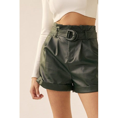 Isabella Women's Genuine Leather Belted Shorts-3