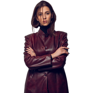 Kasper Women's Genuine Leather Long Coat Burgundy-3