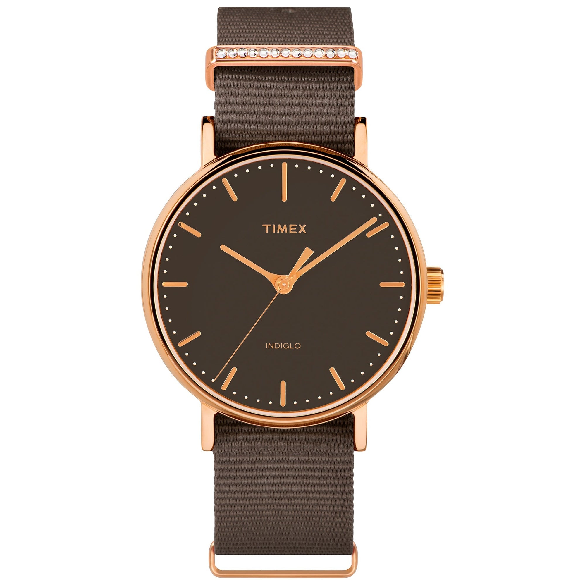 TIMEX Women's Watch with Rose Gold Brass Case and Gray Fabric Band-0