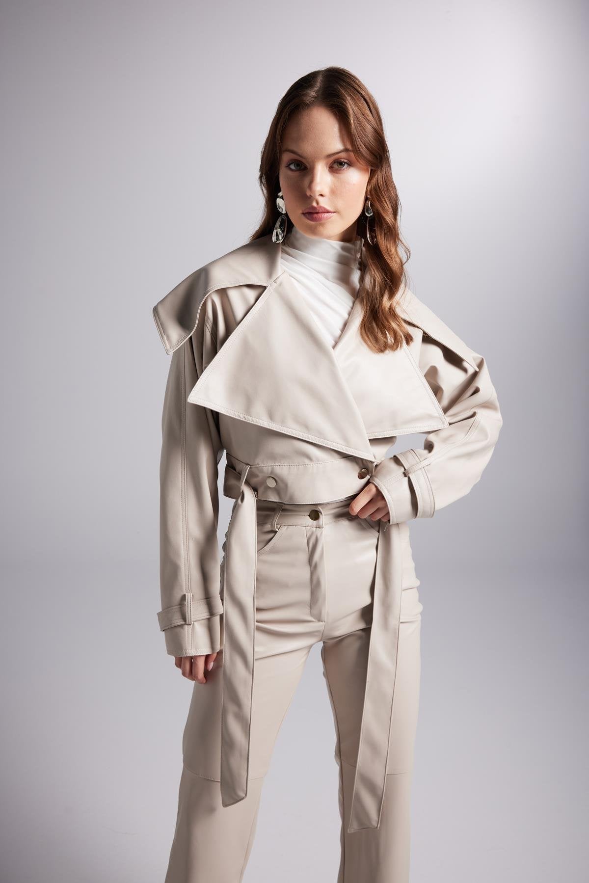 Neeko Beige Faux Leather Cropped Jacket-0