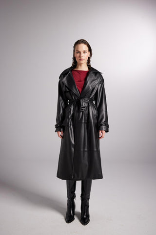 Collider Black Faux Leather Trench Coat-0