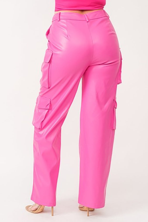 Molly Women's Genuine Leather Straight Leg Cargo Pants Pink-2