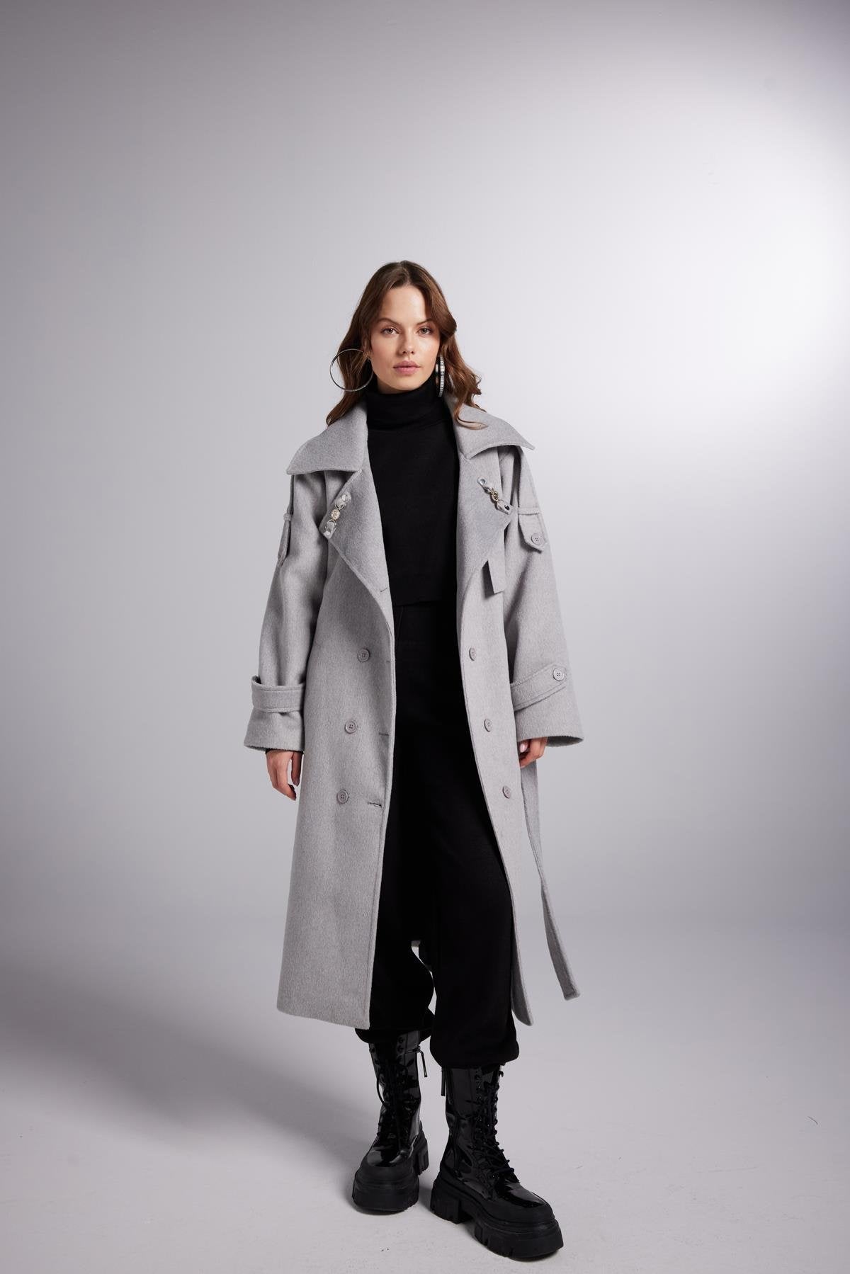 Accessorized Wool Blended Cashmere Maxi Woody Grey Coat-2