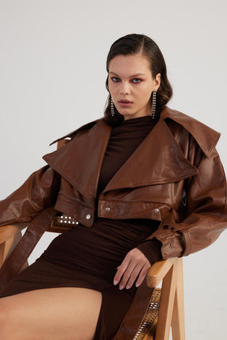 Neeko Chocolate Faux Leather Cropped Jacket-2