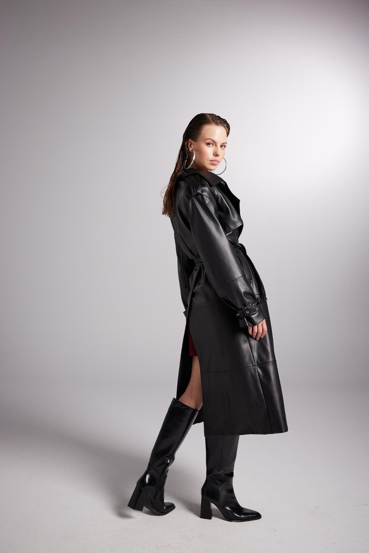 Collider Black Faux Leather Trench Coat-2