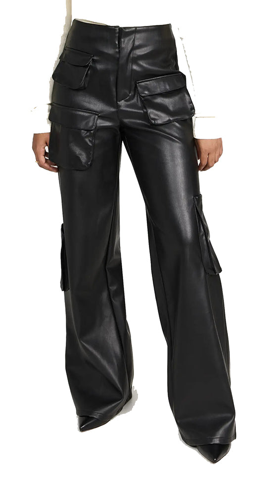 Layla Women's Real Leather Wide Leg Pants Black-0