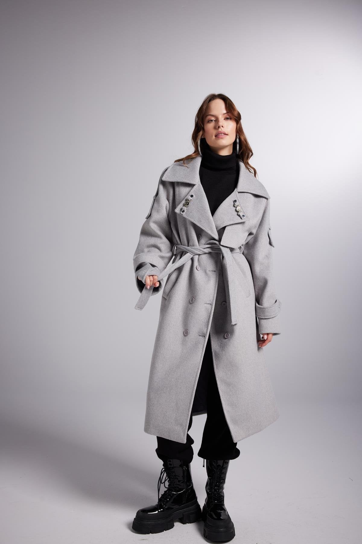 Accessorized Wool Blended Cashmere Maxi Woody Grey Coat-3