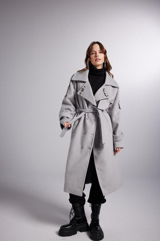 Accessorized Wool Blended Cashmere Maxi Woody Grey Coat-3