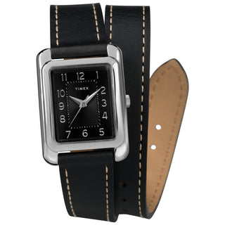 TIMEX Women's Watch with Silver Brass Case and Black Leather Band-0