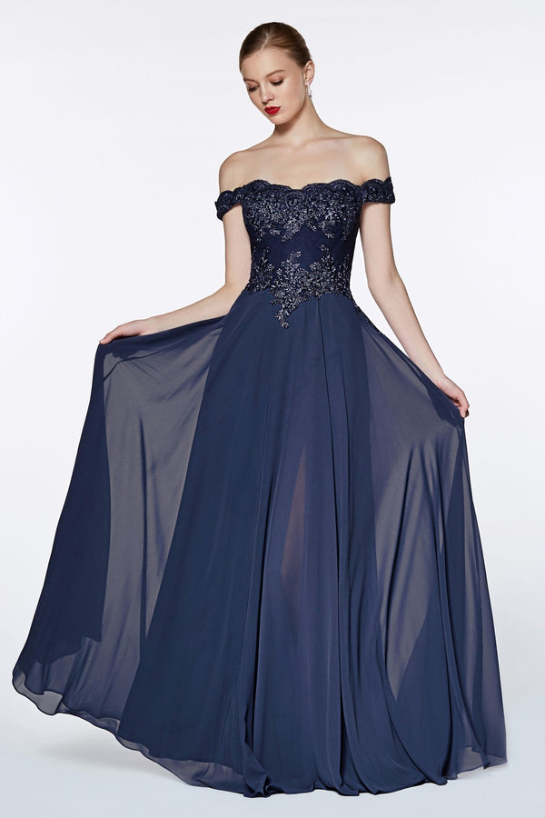 Off The Shoulder Lace Bodice Gown With Flowy Chiffon Bottom And Leg Slit In Lining.-1